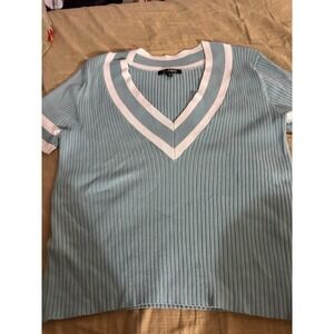 21 Main Women's Medium Ribbed V-Neck Knit Top Blue White Stripe Preppy Tennis